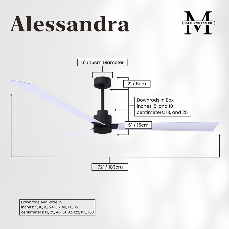 Alessandra Outdoor Downrod Ceiling Fan, Matte White, Matte Black
