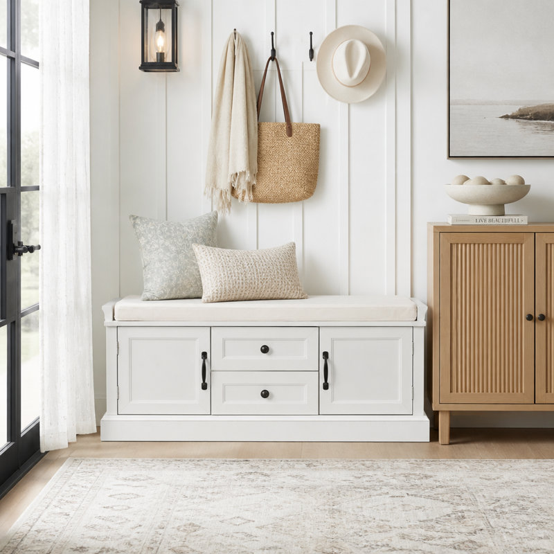 Banc de rangement avec 2 tiroirs et 2 armoires, banc à chaussures avec coussin amovible, White, White