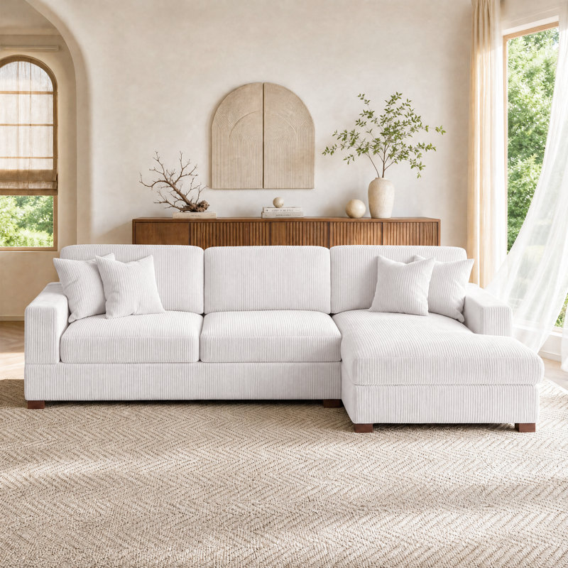 Milbrey 3-Piece Corduroy Modular Sectional with Loose Back, Beige Corduroy, Right Hand Facing