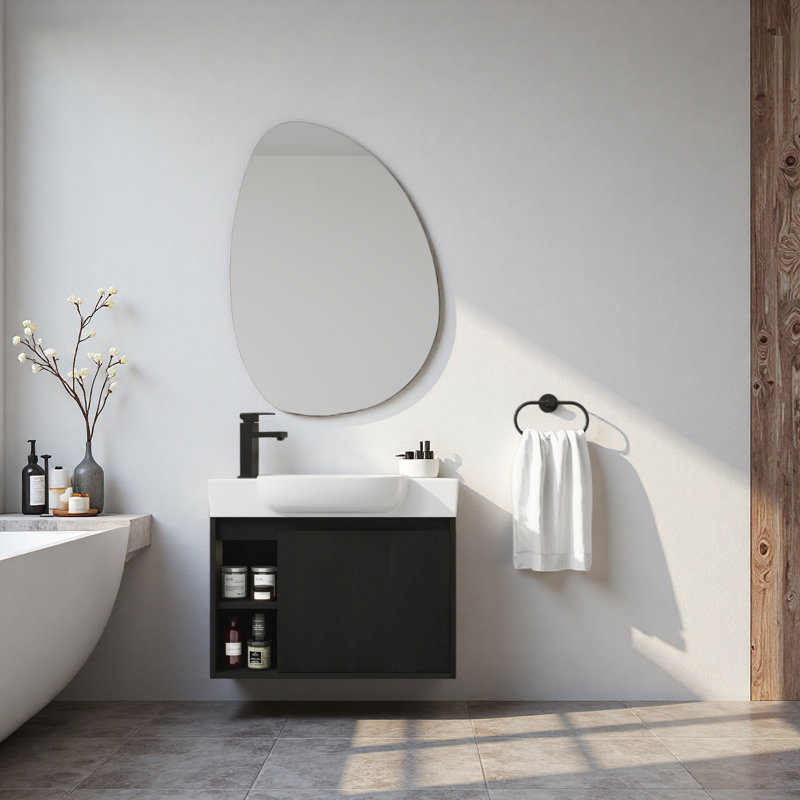 Meuble-lavabo mural 26 po avec lavabo en céramique et porte en contreplaqué, Noir