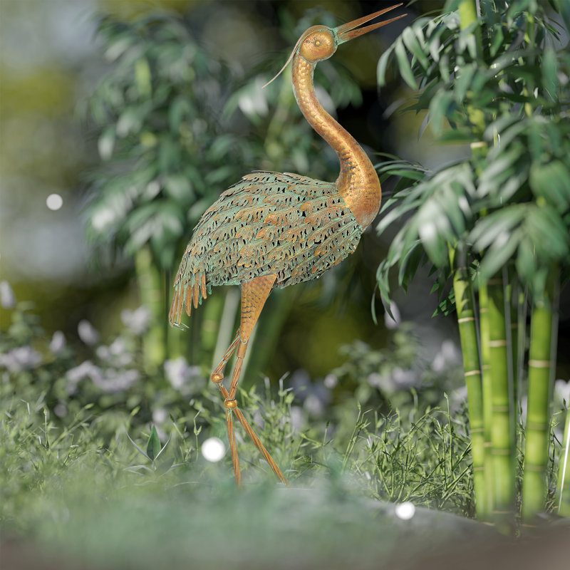 Statue de jardin héron, statue d'oiseau en acier pour la pelouse, couleur mixte