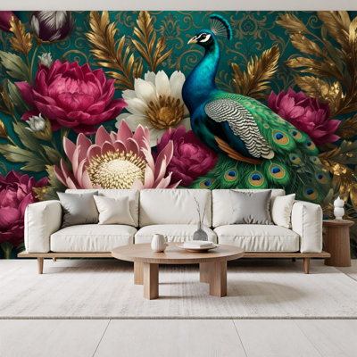 Chinoiserie Peel and Stick Wallpaper Peacock Vibrant Feathers Surrounded by Pink White Flowers Dark Green Wall Murals 69"H x 96"W Removable PVC Wall Paper Self-Adhesive Oriental Wall Decor for Bedroom Living Room