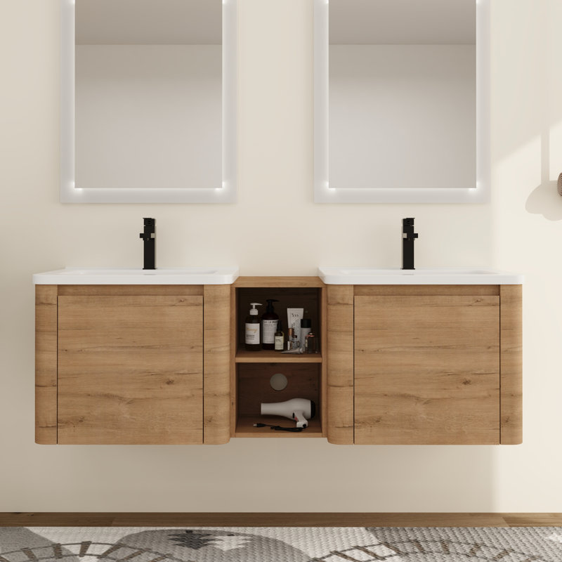 Ensemble de meuble-lavabo double 60 po avec plateau en céramique Narnby, 60", Beige