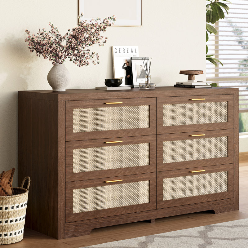 Rattan Storage Dresser With 6 Drawers, Wooden Cabinet For Bedroom & Living Room, Square, Walnut