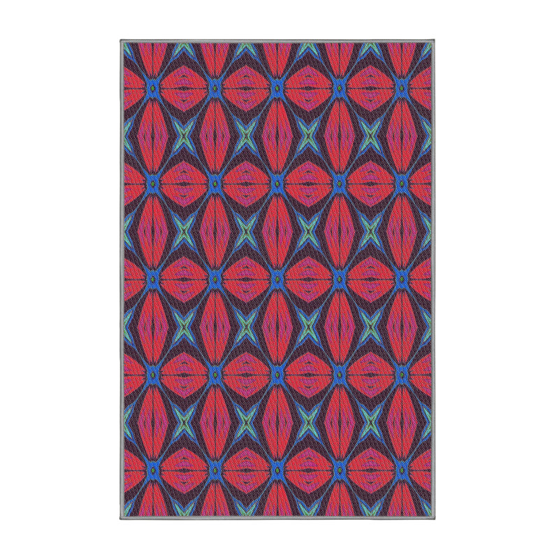 Rouge géométrique/Tapis décoratif bleu, Rectangle 7 pi x 10 pi