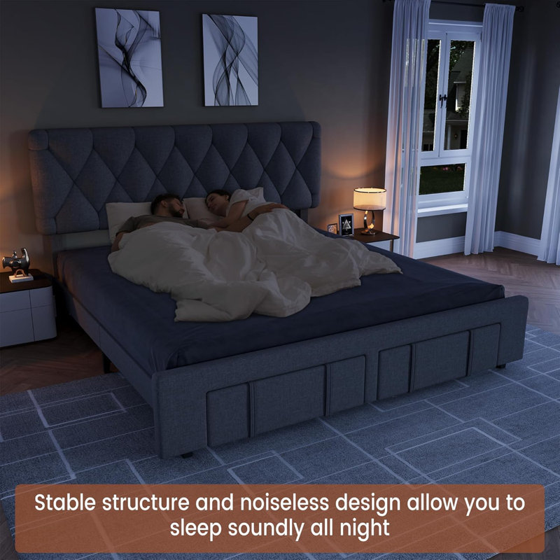 Upholstered Storage Bed Frame with Drawers, Platform Bed with Solid Wood Slats, No Box Spring Needed, Gray, King