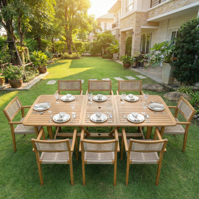 Outdoor Dining Set, Rectangular Extendable 63"-95"l Table With Umbrella Hole & Handwoven Chairs, Breathable All-weather Use & Effortless Setup - Natural