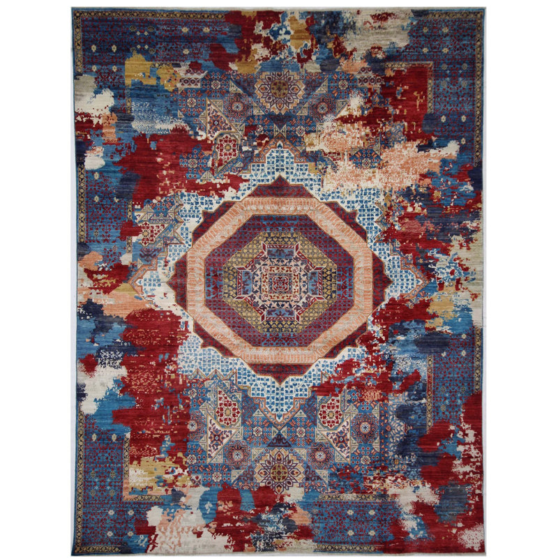 Tapis bleu marine et rouge de haute qualité noué à la main