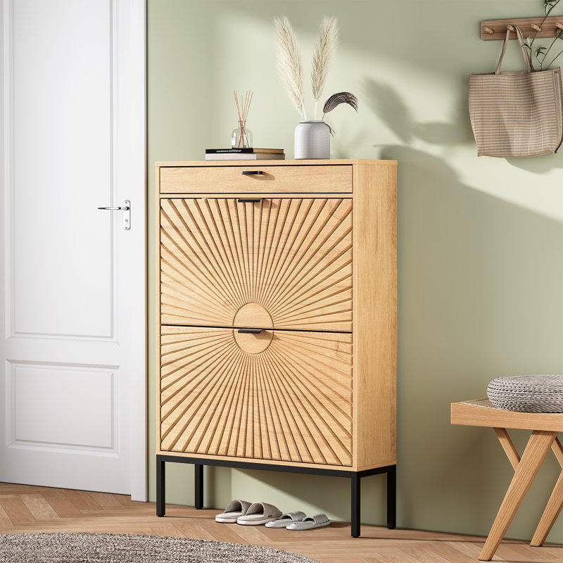 Modern Minimalist Style Large Capacity Shoe Cabinet, Medium Yellow Wood