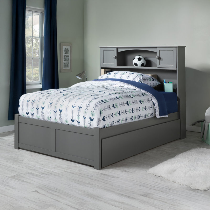 Brevyn Solid Wood Bookcase Storage Platform Bed with Footboard & Roll Out Trundle, Gray, Full