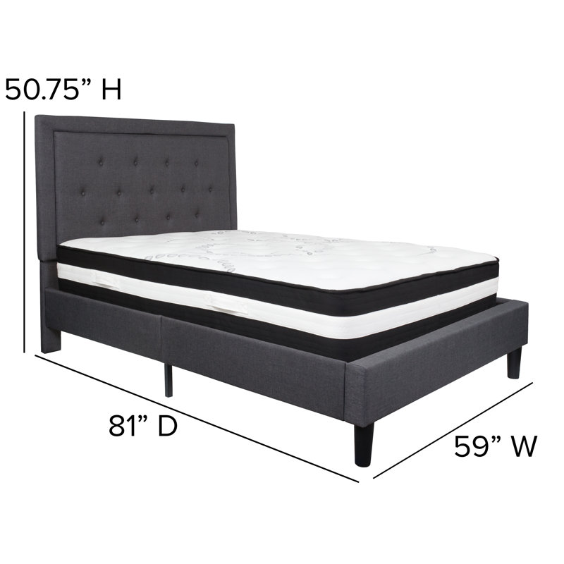 Aluino Panel Tufted Upholstered Platform Bed and Pocket Spring Mattress, Dark Gray, Full