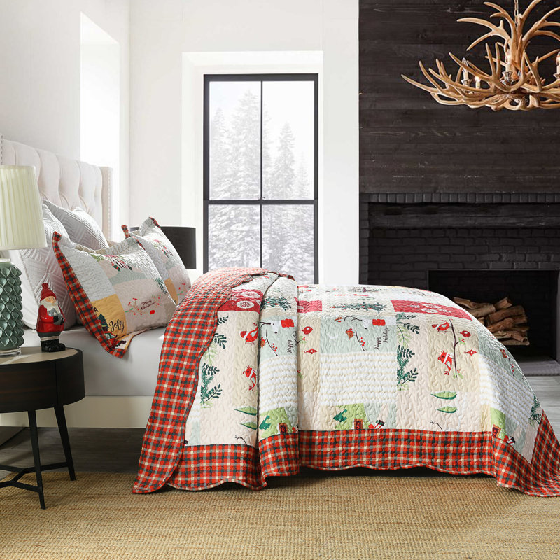 Festive Red and White Reversible Queen Quilt Set
