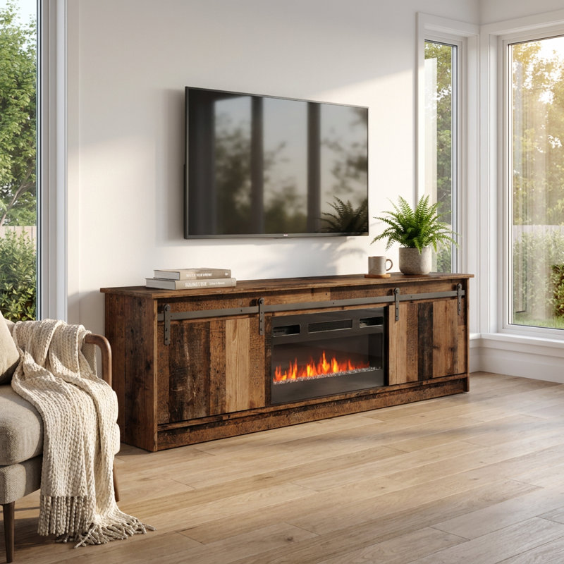 Grigsby 78.7" Modern TV Stand with Electric Fireplace, Matte Finish, Media Storage, Old Wood