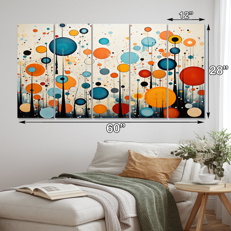 «Green Green Beige Mid Century Abstract Retro II», art mural sur toile Mid-Century - 5 panneaux égaux