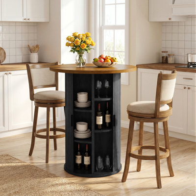 Table de bar 31,5 po à hauteur de comptoir ronde, table de bar à piédestal avec porte coulissante et rangement à vin intégré pour bar à domicile