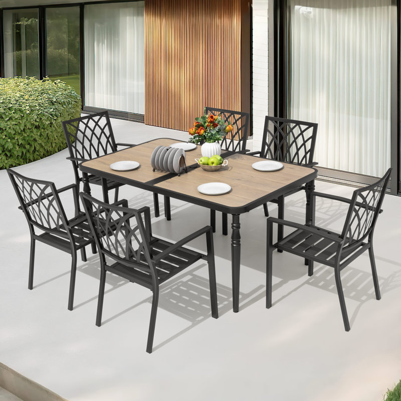Patio Metal Dining Set With 6 Stackable Chairs And Umbrella Hole, Brown