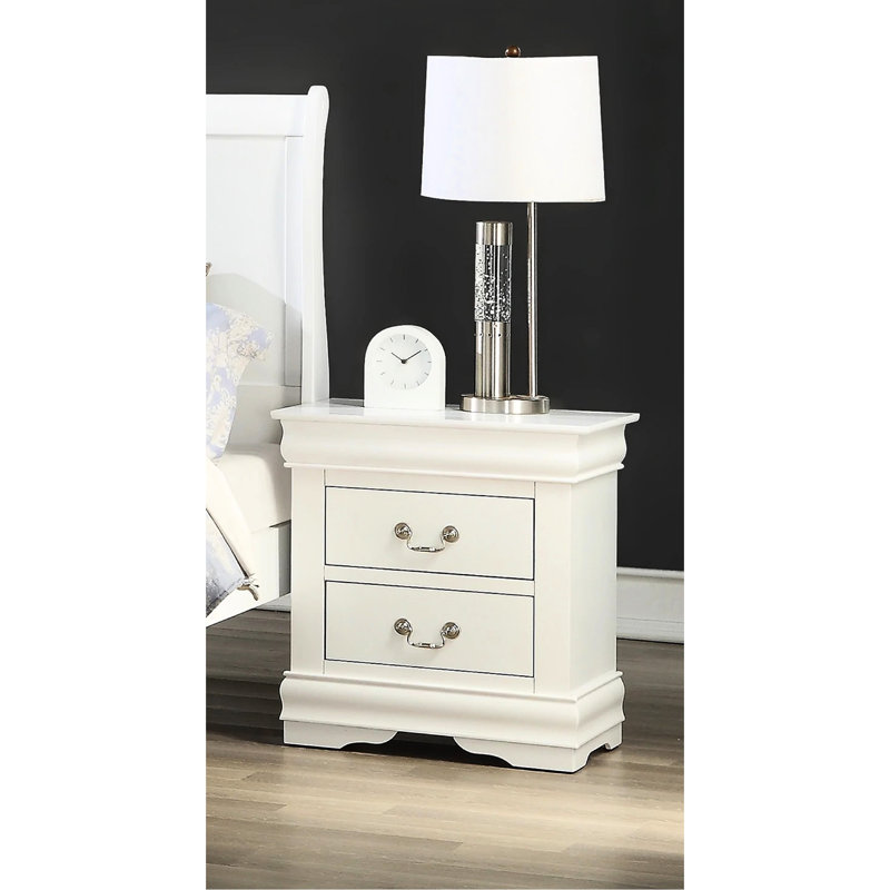 Table de chevet de chambre à coucher en bois massif blanc, 2 tiroirs, style contemporain, anglais, table de chevet en bois à poignées en laiton antique, blanc, fabrication transitionnelle, poignées pour