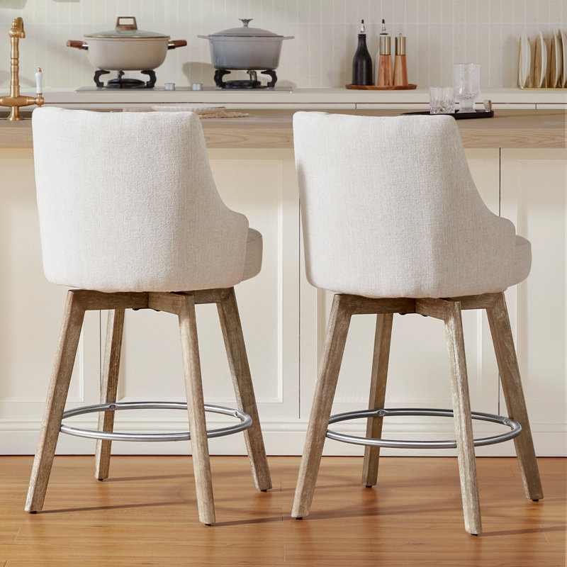 Counter Height Bar Stools,Swivel Bar Stools with Backs,Barstools Set of 2,26'' Solid Wood Legs,Thick Seat Upholstered Linen Fabric Counter Height Stools in Beige