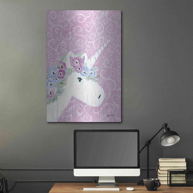 «Floral Unicorn II» par Roey Ebert, art mural en métal, H 36 po x l 24 po