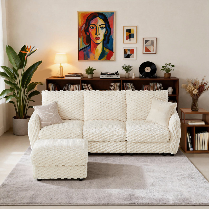 3-Seater Modular Bubble Corduroy Sectional Couch with Storage Ottoman, Beige