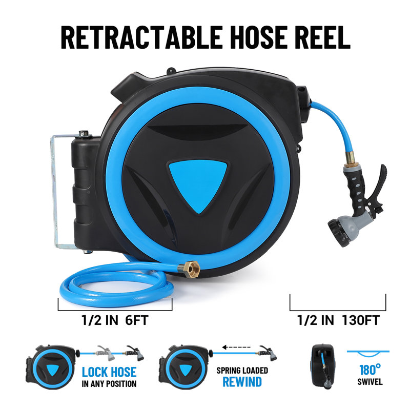100 ft Retractable Garden Hose Reel – Wall-Mounted 1/2" with 9-Function Spray Nozzle & 180° Swivel Bracket, Any-Length Lock, Slow Auto-Rewind for Garden