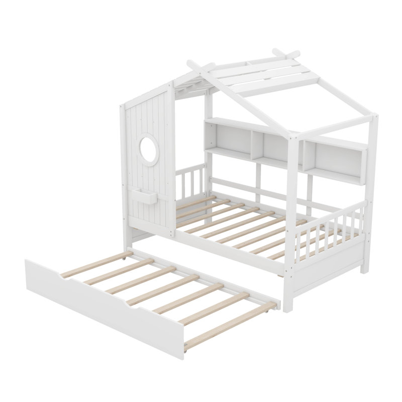 Lit en bois de conception moderne avec lit gigogne et tablette de rangement, Simple, Blanc
