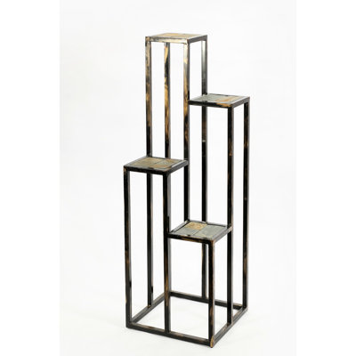 Gray Stone Slab 4 Tier Plant Stand In Black / Gold Cast Metal - Fully Assembled, Made, Fade Chip Crack , Fascinating 3 Clover Design, 16"X16"X48", 10 Lb, Wipe With Damp Towel Slab, Crack-