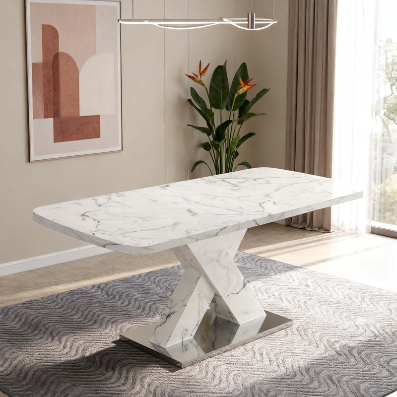 Table de salle à manger rectangulaire moderne avec plateau extensible et pieds en X durables, Blanc, Blanc