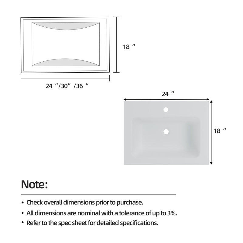 Lavabo pour salle de bain blanc à surface solide, 24, 30 et 36 pouces, non poreux et résistant aux taches, 24 pouces
