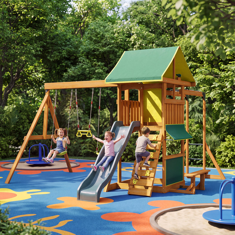 Outdoor Wooden Play Swing Set for Kids Backyard with Slide, Canopy Fort & Monkey Bars