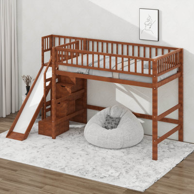 Lit mezzanine avec escalier de rangement, glissade et lumière DEL, lit superposé en bois pour chambre à coucher avec tablettes intégrées