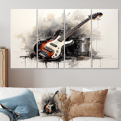 Brown Charcoal Guitar Vibrations III - Music 4 Piece Wall Art Decor Set