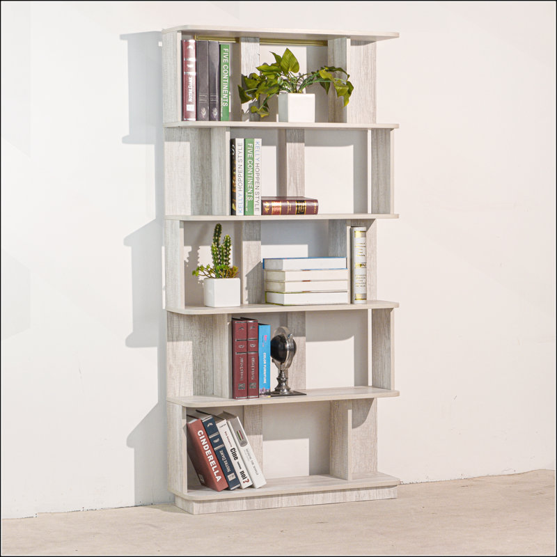 Bibliothèque moderne à 5 niveaux avec rangement ouvert, Gris clair
