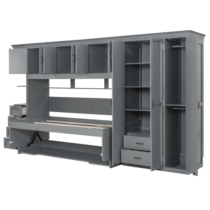 Lit escamotable simple avec bureau intégré, garde-robe et rangement, parfait pour les petits espaces et les pièces multifonctionnelles.