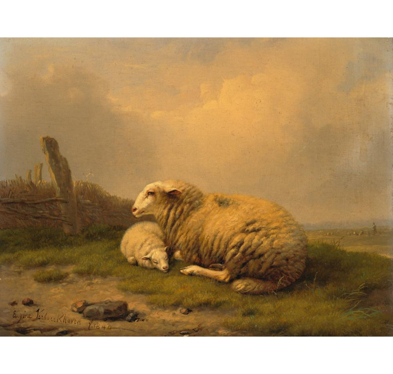 "Un mouton au repos et un agneau" par Eugène Joseph Verboeckhoven - Art mural sur toile tendue avec châssis