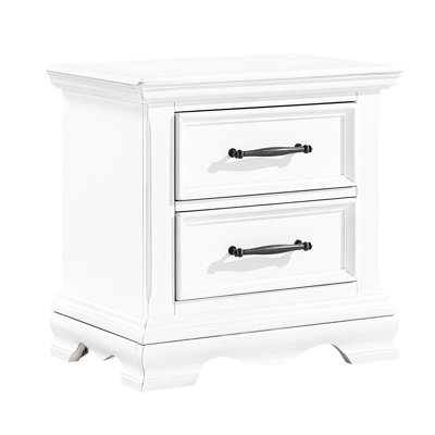 Classic White 2 - Drawer Nightstand In Wood, Black Handles, Bearing Glides, Bedroom Furniture For Nighttime Organization, 24"X16"X24.5"H Elegant Finish With Wood And Nickel Tone Bar Pulls, Bedside