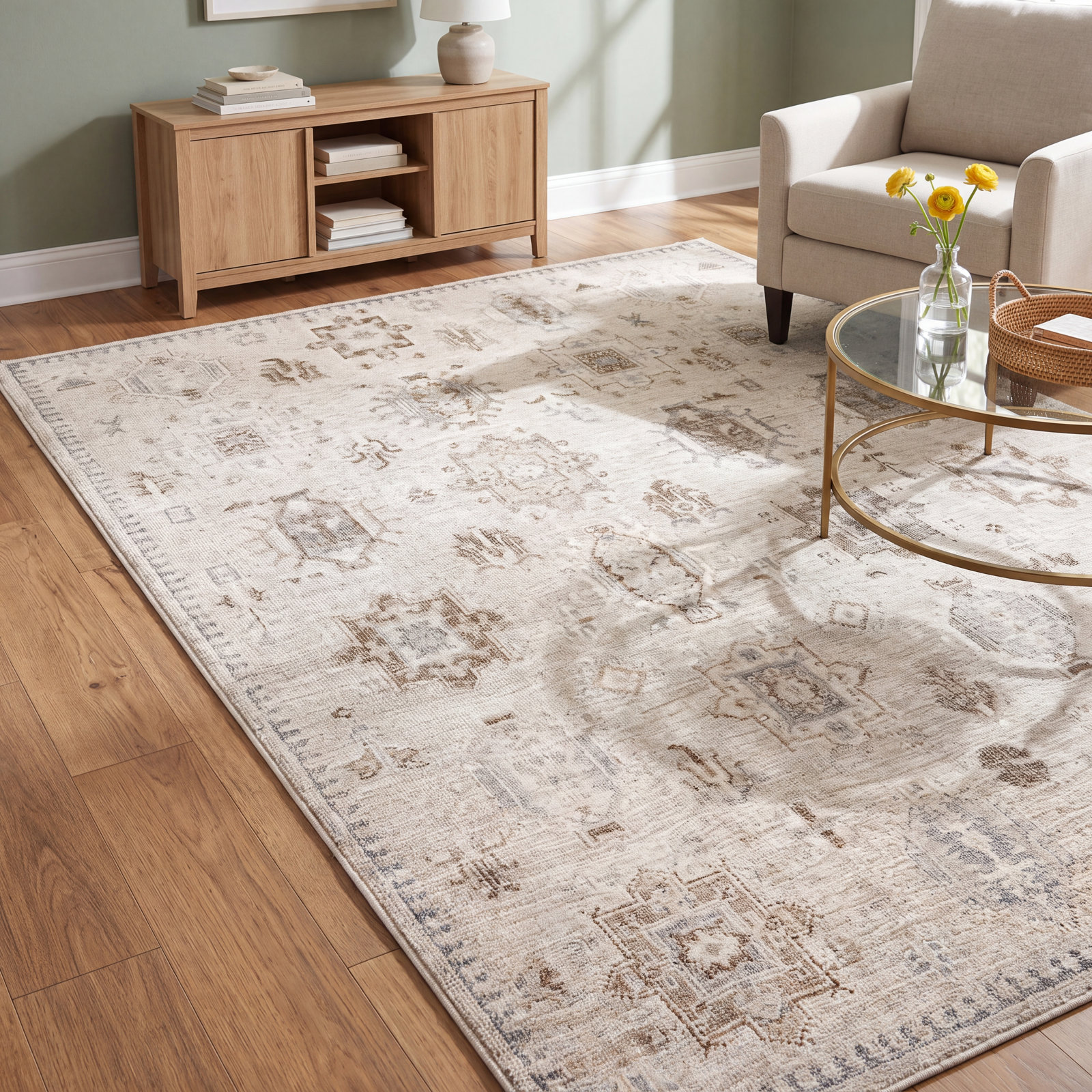 Beige Ivory Machine Washable Oriental Rug, Rectangle 8' x 10'