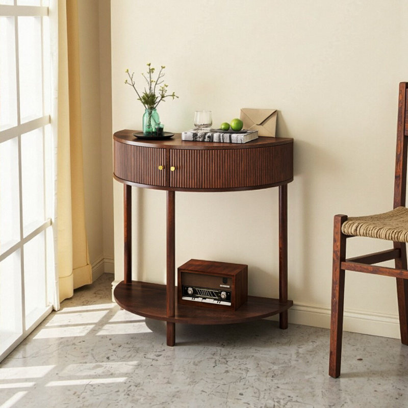Console demi-lune fabriquée à la main à motif de vagues avec finition blanc crème et rangement - Pieds en bois massif