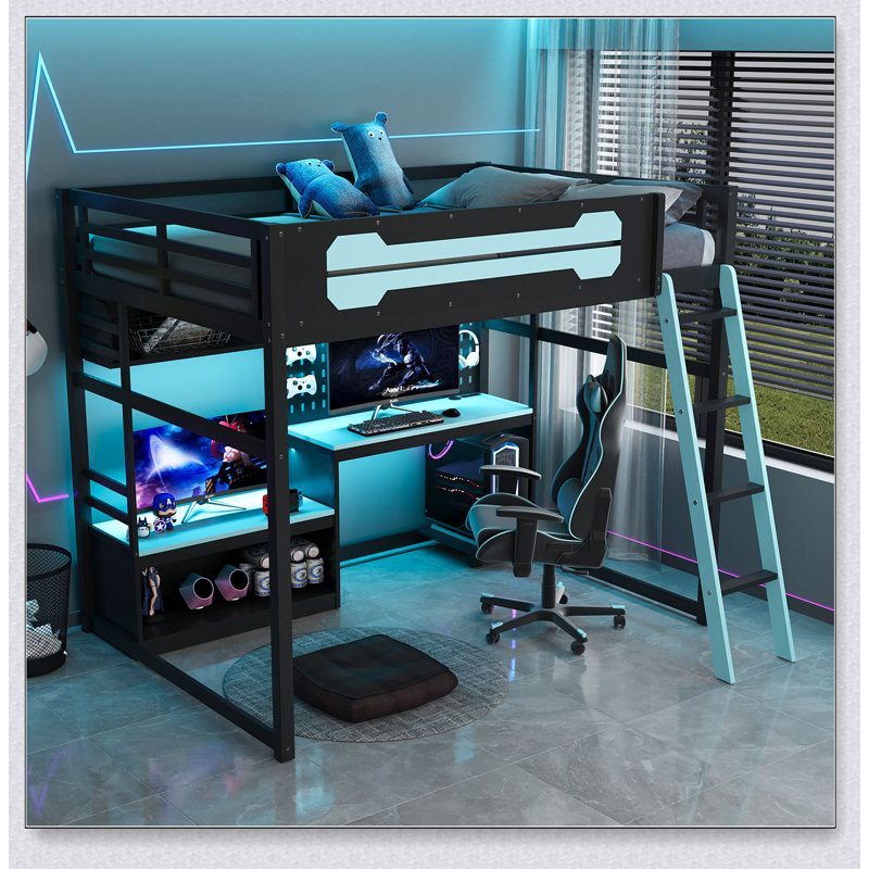 Wood Loft Bed With Desk, Shelves, LED Lights, USB Ports And Pegboard, Blue/Black