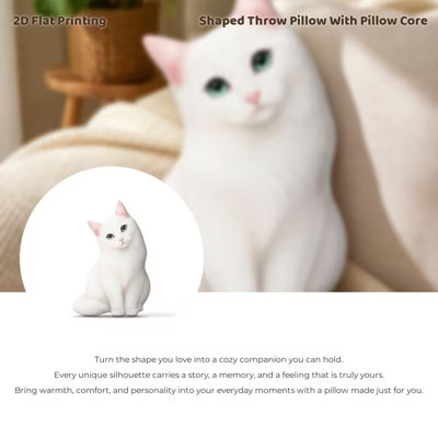 Angora Cat Tilted Head Sitting Pose Pillow, Warm Tale Style Decorative Cushion, Suitable for 'S Bedrooms And Animal Lovers, 2D Flat Printing Shaped Filling Pillow, 2D Flat Style 35cm