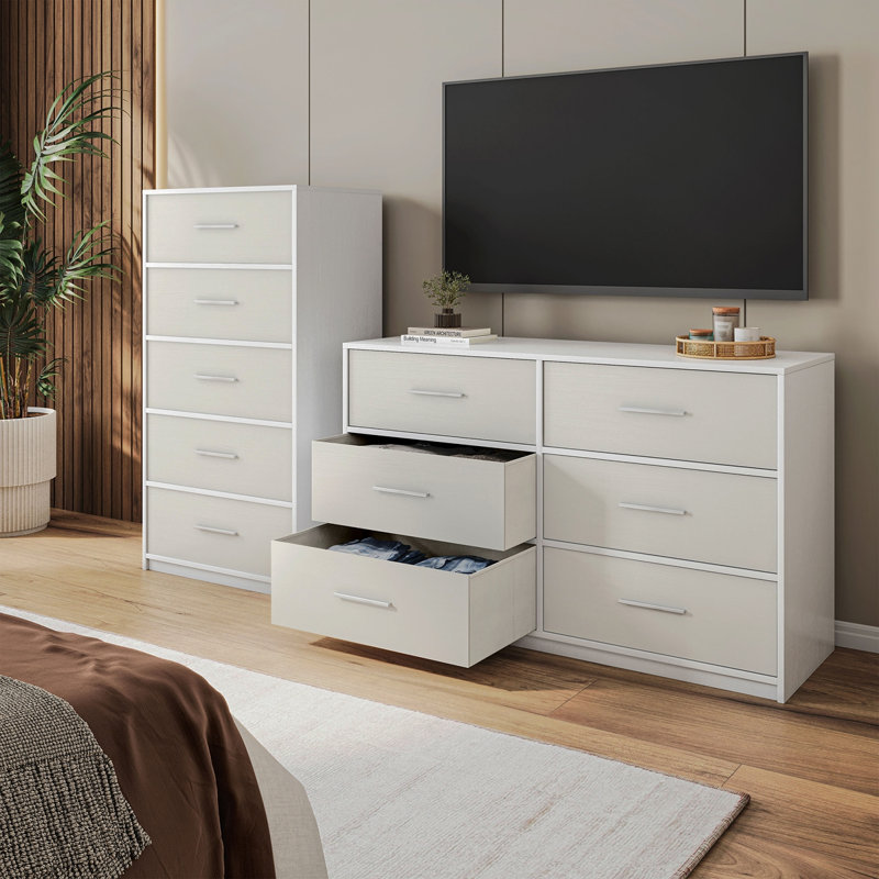 Commode 5 tiroirs avec grands tiroirs en tissu, blanc, Blanc