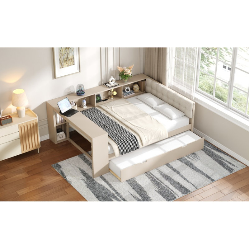 Lit plateforme double en bois multifonctionnel avec tête de lit tapissier crème