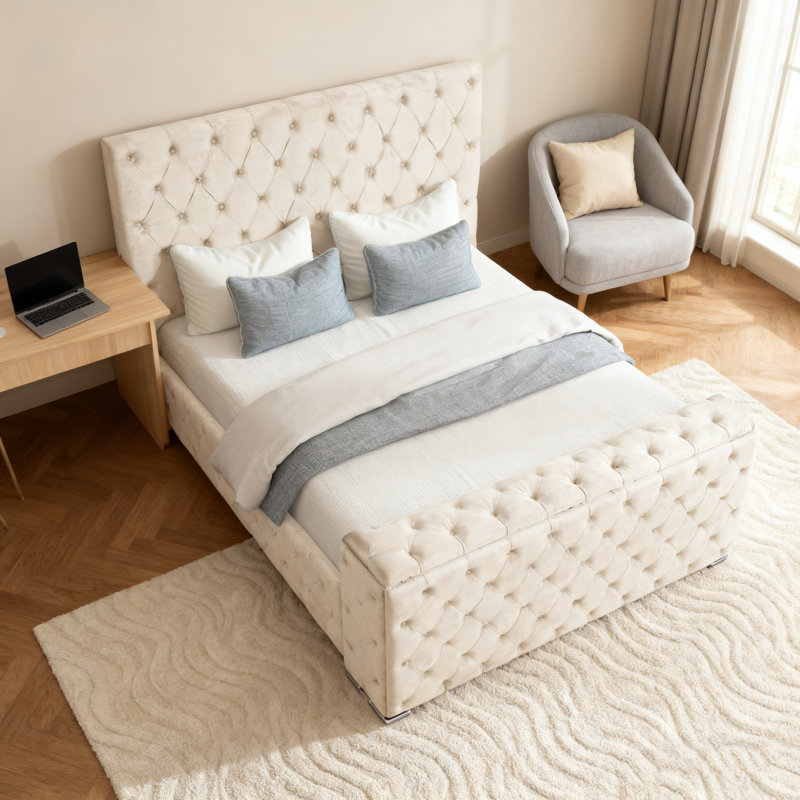Grand lit capitonné et rembourré de style moderne en bois beige, Beige, Grand