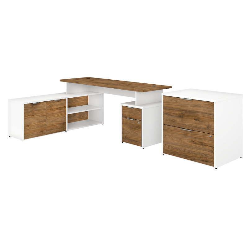 Ensemble de bureau rectangulaire 4 pièces Jamestown, H 29,66 po x l 71,02 po x P 59,17 po, Noyer frais / blanc
