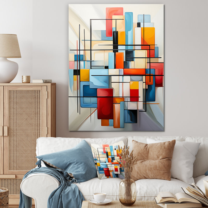 «Geometric Abstraction Composition III», art mural encadré abstrait géométrique, H 32 po x l 24 po x P 1 po, Toile tendue