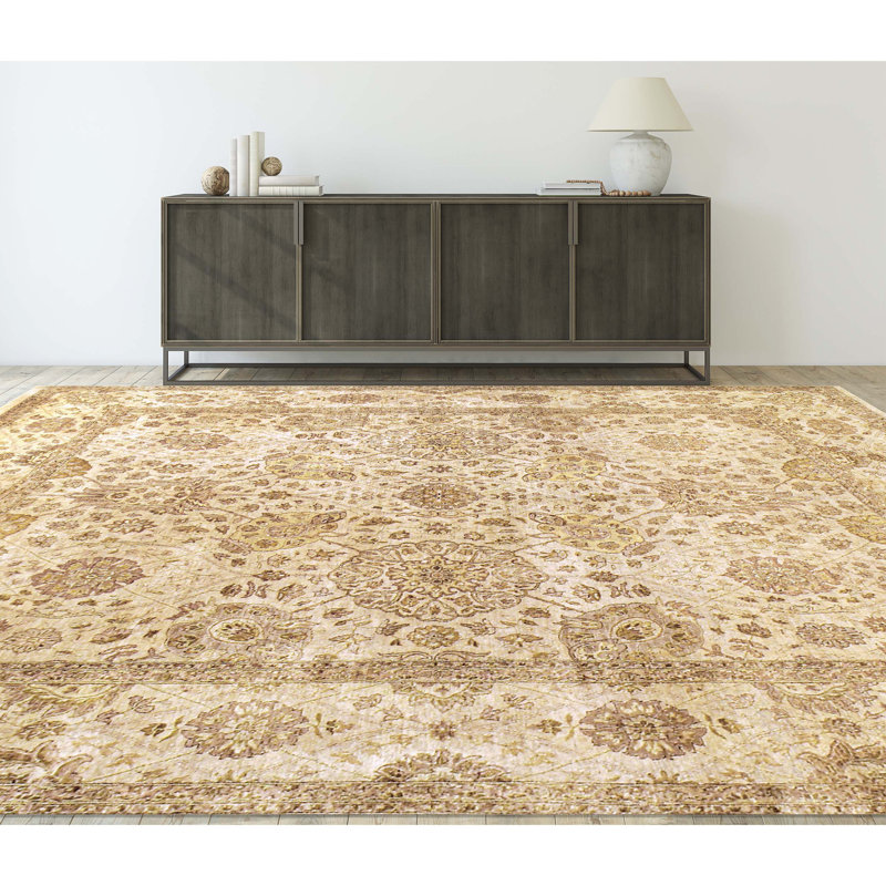 Wool Oriental Area Rug in Cream, Rectangle 12' x 24'