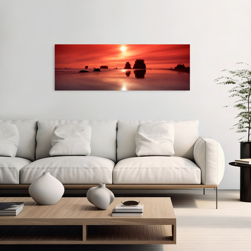 Silhouette of sea stacks at sunset Second Beach Olympic National Park Washington State USA 1 Piece Wrapped Canvas Panoramic Wall Art