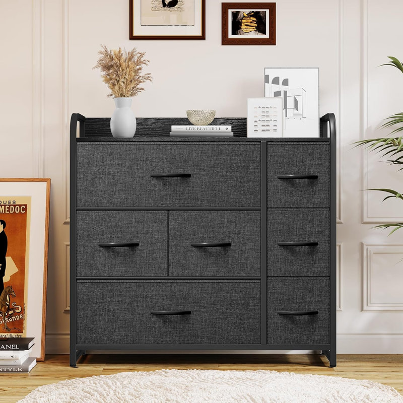 Commode 7 tiroirs, rangement avec tablettes, commode en tissu, commode pour chambre à coucher, salon, placards, structure en acier robuste, plateau en bois, bacs en tissu à tirer facilement