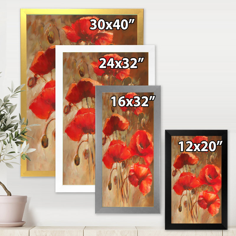 Red Blossoming Poppies VI - peinture sur toile, Toile avec cadre argenté, H 40 po x l 30 po x 1,5 po