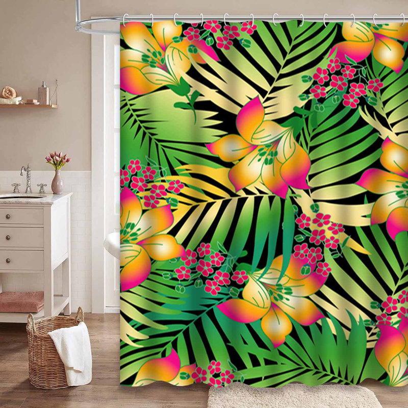Rideau de douche imperméable à motif de fleurs de palmier tropical avec 12 crochets, L 72 po x l 78 po